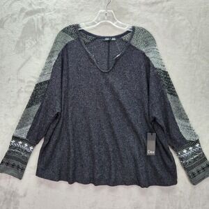 Dex Sweater Womens Plus 1X Pullover Knit Top Washed Charcoal Embroidered‎ Casual